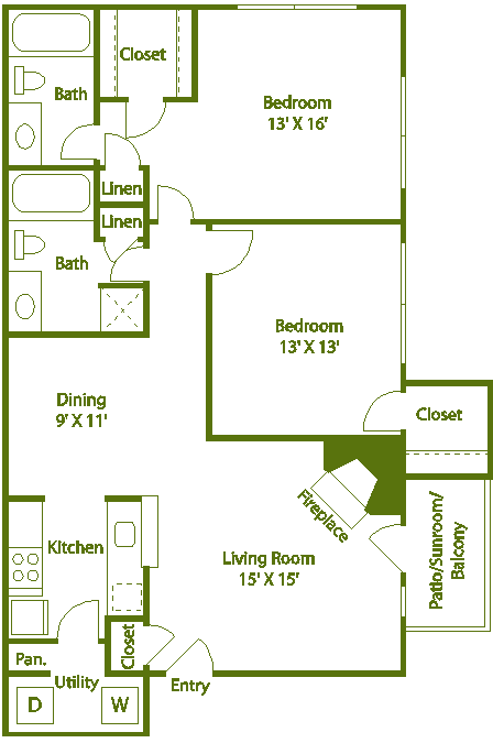 Floor plan for 2 beds, 2 baths, 1080 sqft